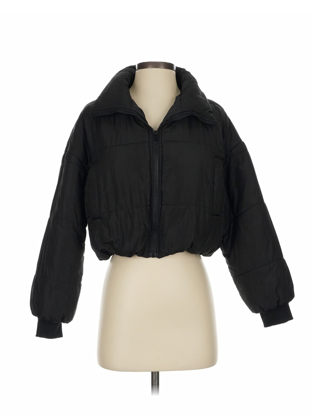 Black Cropped Funnel Neck Puffer Jacket - S